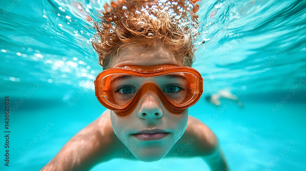 Naklejka premium Young Boy Underwater with Orange Goggles in a Blue Pool