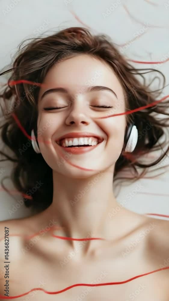 Young smiling woman with headphones and red strings lying down with eyes closed in a dreamy relaxed state, portrait from above of happy person Young smiling woman with headphones and red strings lying down with eyes closed in a dreamy relaxed state, portrait from above of happy person