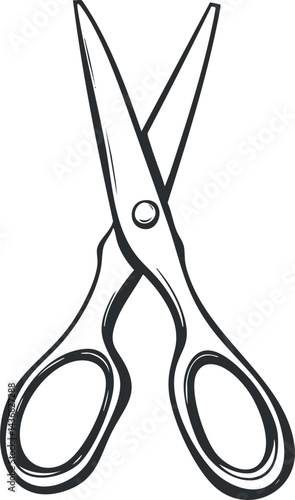 Black and white illustration of open scissors used for cutting paper or materials with sharp blades and handles