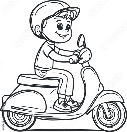 Black and white line drawing of a happy boy wearing helmet riding a scooter outdoors