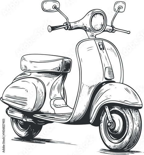 Black and white sketch of a vintage scooter motorcycle with detailed wheel and handlebar illustration