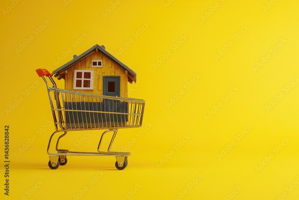 Miniature house in shopping cart on yellow background Miniature house in shopping cart on yellow background