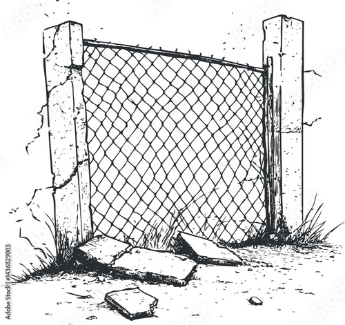 Black and white sketch of a damaged chain link fence gate with concrete posts and broken slabs on the ground.