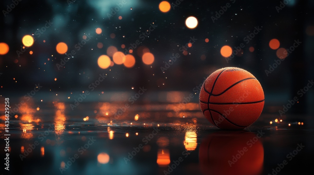 A vibrant basketball sits on a wet surface, illuminated by soft, glowing bokeh from nearby lights. A vibrant basketball sits on a wet surface, illuminated by soft, glowing bokeh from nearby lights.