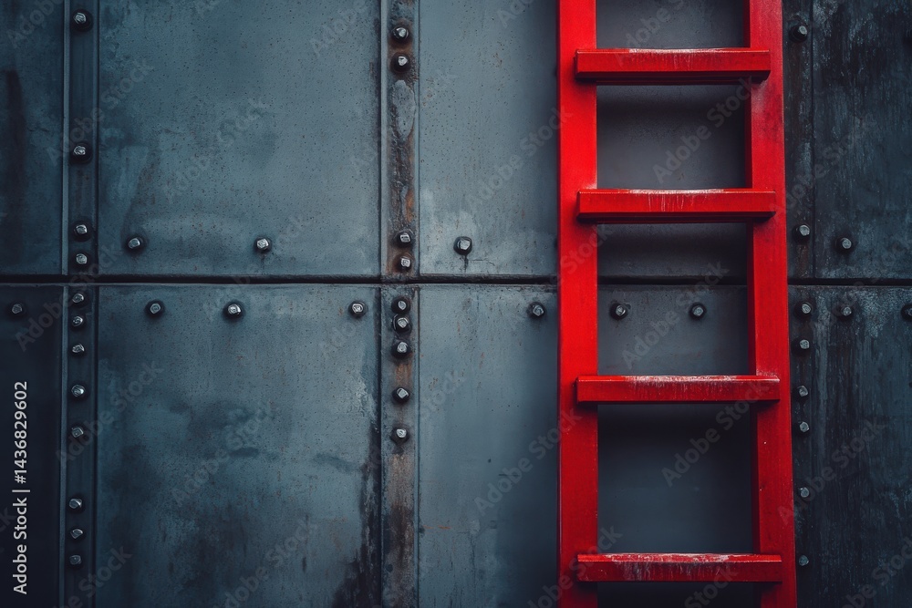 A bright red ladder against a textured dark gray metallic wall, creating a striking visual contrast. A bright red ladder against a textured dark gray metallic wall, creating a striking visual contrast.
