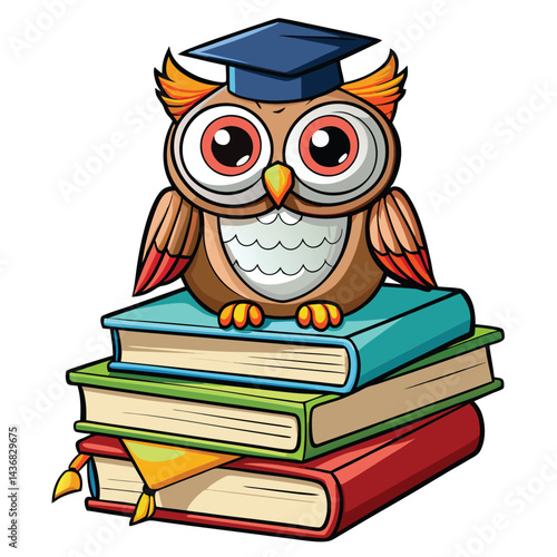 Wise owl with graduation cap sits atop a stack of books