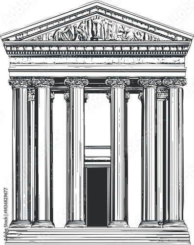 Illustration of a classical ancient temple facade with Corinthian columns and detailed pediment sculpture