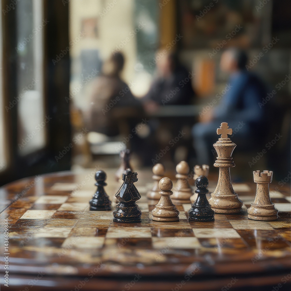 A chessboard with wooden pieces in focus, while two blurred individuals engage in conversation in the background. A chessboard with wooden pieces in focus, while two blurred individuals engage in conversation in the background.