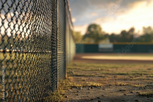 A close-up view of a baseball field's chain-link fence during sunset, creating a serene and nostalgic mood.