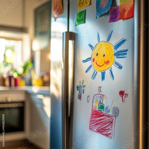 A cheerful drawing of a sun adorns a modern stainless steel refrigerator in a bright kitchen.