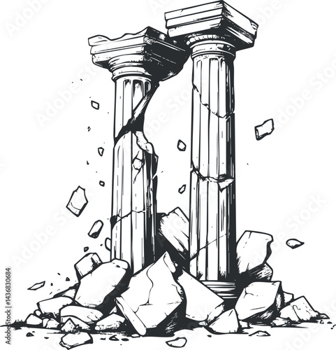 Illustration of two ancient broken stone columns with scattered debris and cracks, representing ruins and historic architecture.