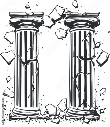 Two broken classical stone columns with cracks and debris illustrating ancient ruin and destruction
