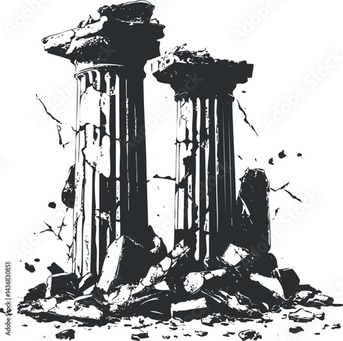 Black and white illustration of ancient broken columns and ruins surrounded by rubble debris