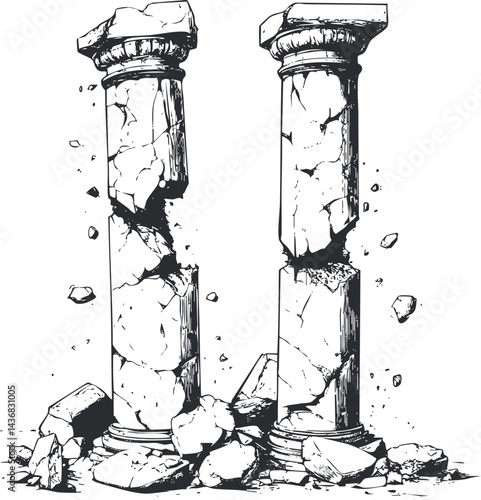 Illustration of two broken ancient stone columns with cracks and debris isolated on white background