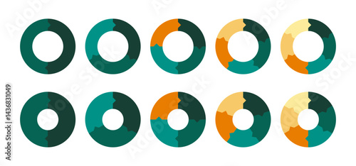 Colorful circle segmentation template. Diagram infographics set. 2, 3, 4, 5, and 6 parts. Representing data visualiation, statistics, progress. Business analytics for presentation and infographics.
