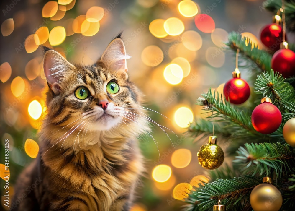 Adorable Kitten Playing Near Decorated Christmas Tree - Festive Holiday Pet Stock Photo Adorable Kitten Playing Near Decorated Christmas Tree - Festive Holiday Pet Stock Photo