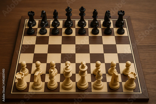 Classic Wooden Chessboard with Pieces Ready for Game Start
