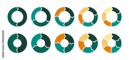Colorful circle segmentation template. Diagram infographics set. 2, 3, 4, 5, and 6 parts. Representing data visualiation, statistics, progress. Business analytics for presentation and infographics.