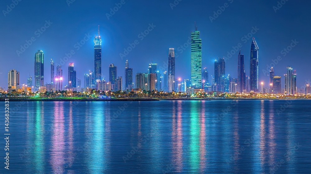Fototapeta premium Modern city skyline at night reflecting on water