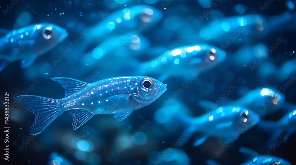 Fototapeta premium Surreal shoal of glowing lanternfish deep in the ocean their bioluminescent bodies creating a magical underwater display cinematic marine wildlife shot