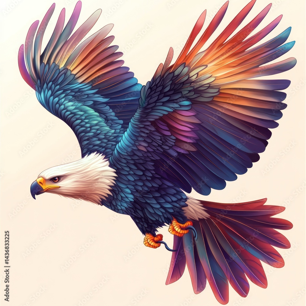 Obraz premium Colorful eagle soaring, wings spread, light background, freedom concept