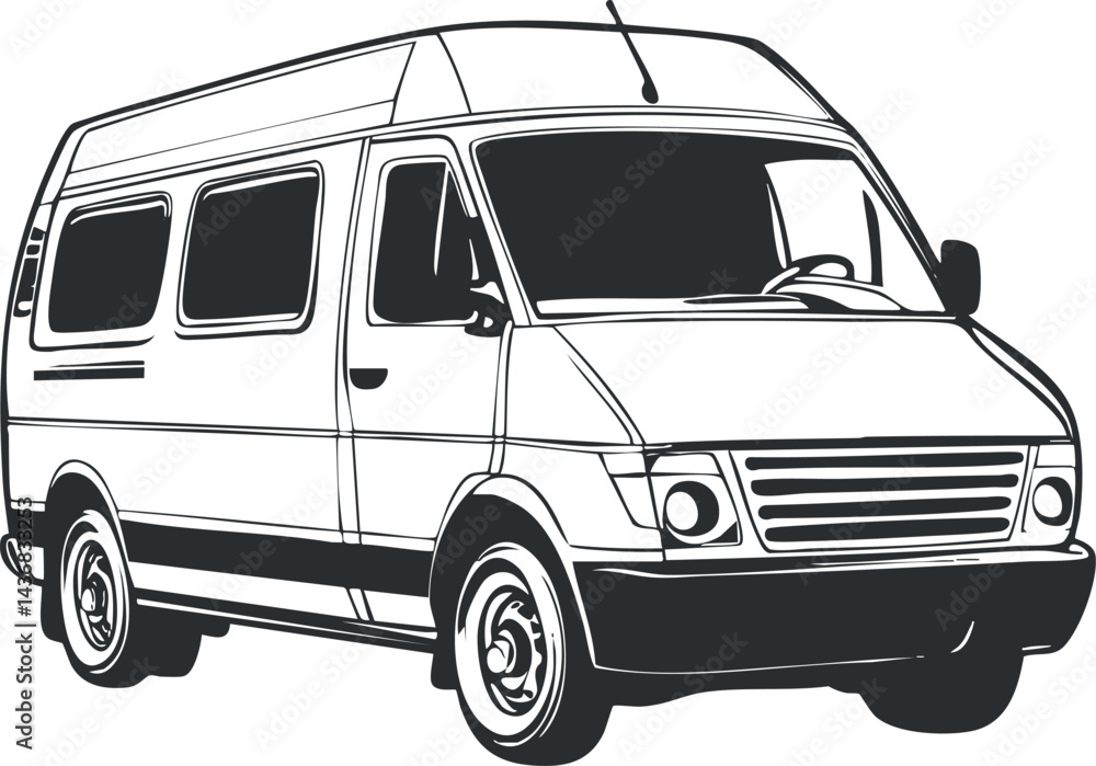 Black and white illustration of a high roof passenger van side view isolated on white background Black and white illustration of a high roof passenger van side view isolated on white background