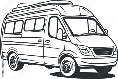 Black and white line drawing of a camper van vehicle used for travel and recreational purposes