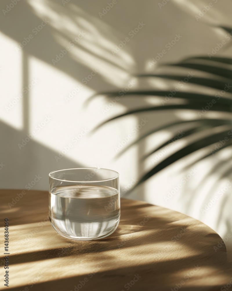 Obraz premium A serene glass of water on a wooden table, accented by soft shadows and green palm leaves in the background.