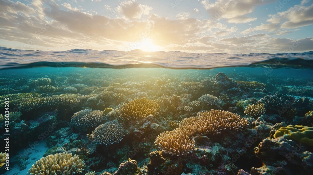 Fototapeta premium Ocean sunset coral reef underwater scene