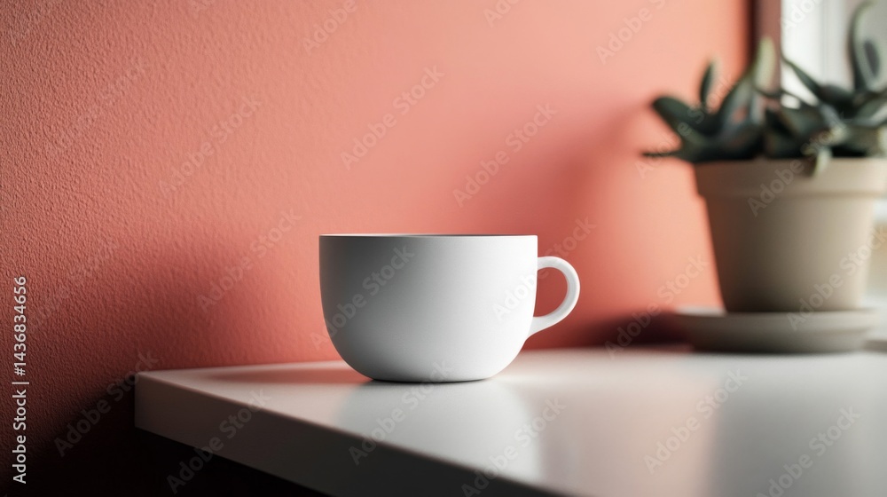Obraz premium White Mug on a White Table Near a Coral Wall