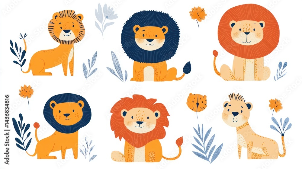 Fototapeta premium Cute lion cubs illustration, jungle background, kids design