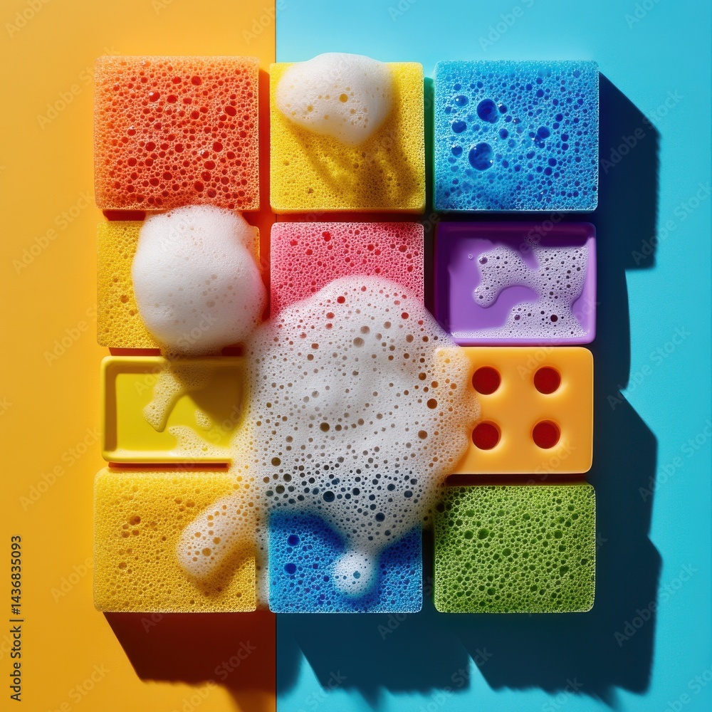 Colorful cleaning sponges with bubbles in a playful arrangement, perfect for a vibrant kitchen scene.