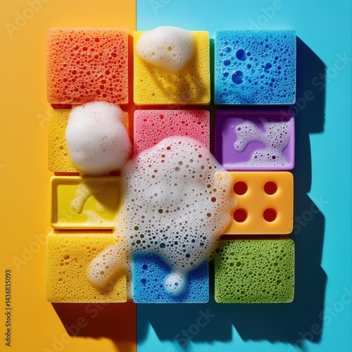 Obraz na płótnie Colorful cleaning sponges with bubbles in a playful arrangement, perfect for a vibrant kitchen scene. w salonie