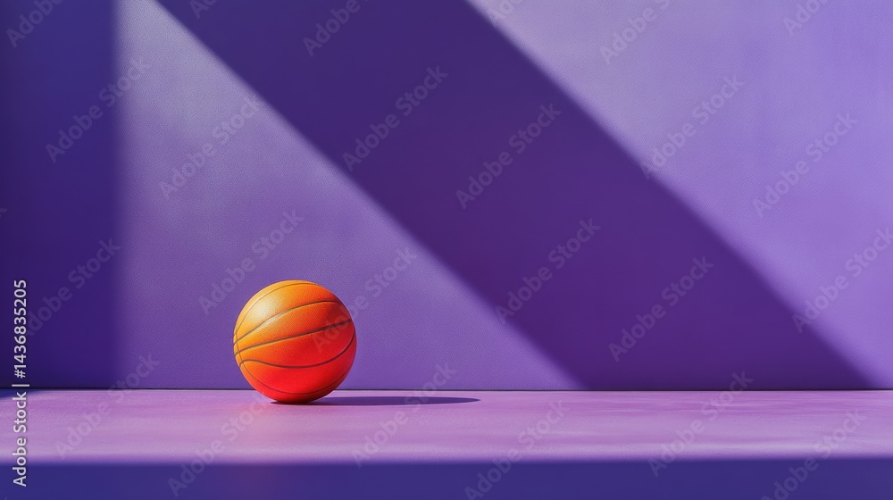 A vibrant orange basketball resting on a purple surface, casting striking shadows in the background.
