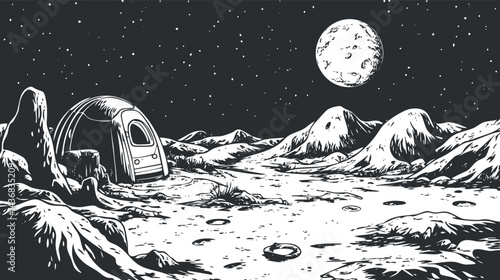 Black and white illustration of a tent set up on a moon landscape with craters and mountains under a starry sky.