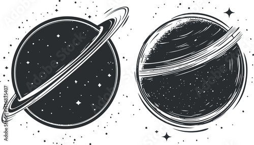 Black and white illustration of two ringed planets in space surrounded by stars and cosmic dust