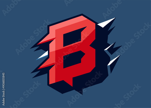 Bold Letter B:  A dynamic and eye-catching red letter B  in a bold, 3D style, with sharp edges and a sporty, aggressive feel.  The letter is set against a deep blue background.  