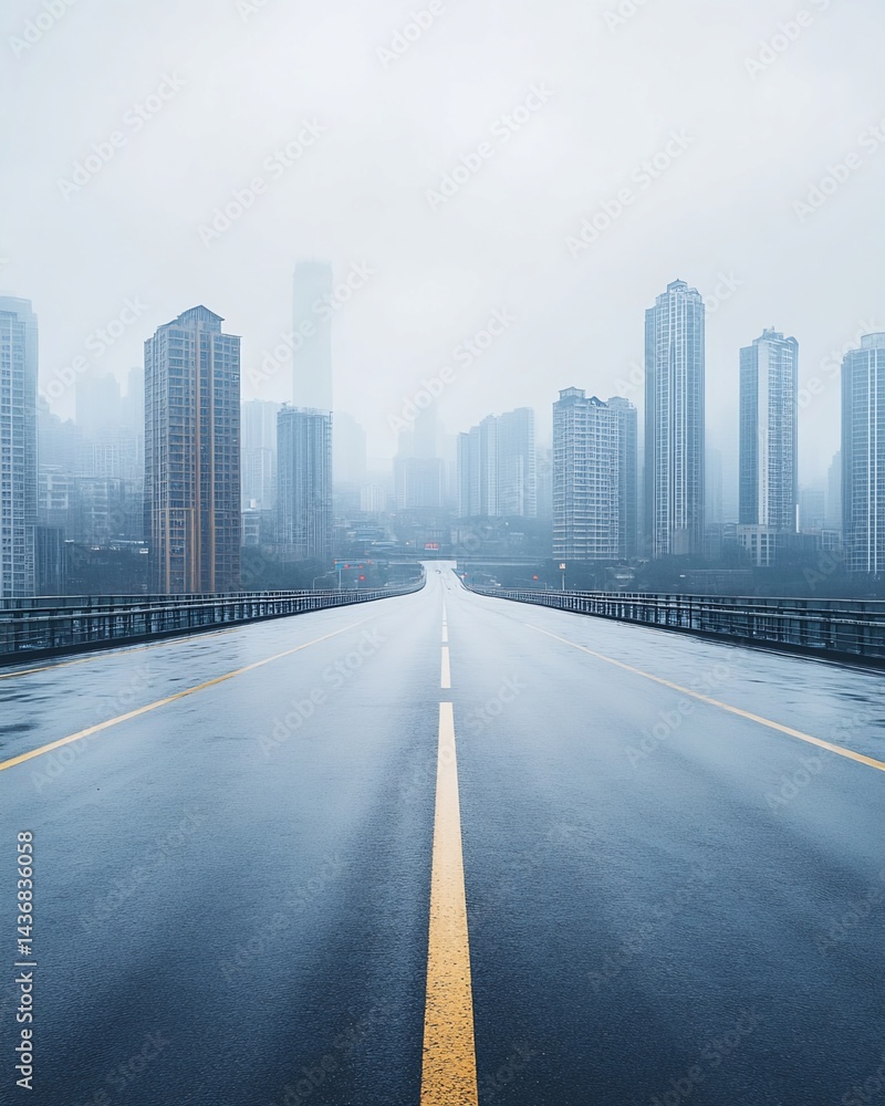 Fototapeta premium Cityscape and Highway on Foggy Day
