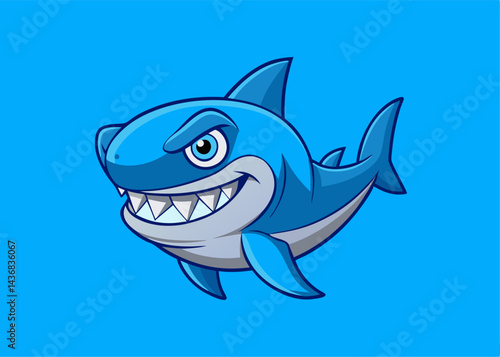 Cheerful Blue Shark: A vibrant, smiling cartoon shark with detailed features. Expressing confidence and positive vibes with friendly expression and aquatic theme