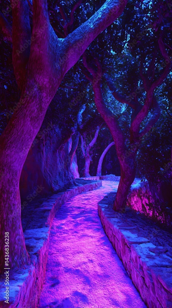 Nighttime path through trees, vibrant colors