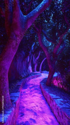 Obraz na płótnie Nighttime path through trees, vibrant colors w salonie
