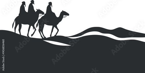 Silhouette of three people riding camels across desert dunes with a clear sky background