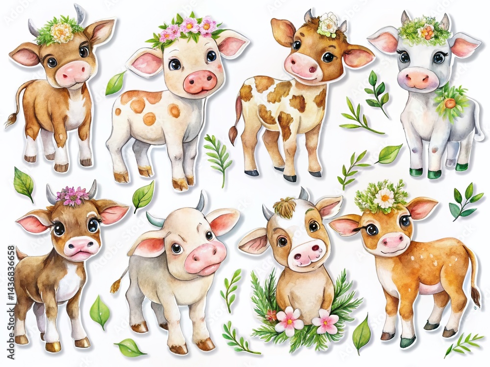 Fototapeta premium Adorable Watercolor Baby Cow Sticker Sheet for Kids' Crafts