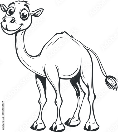 Black and white cartoon illustration of a happy smiling camel with big eyes and one hump
