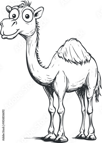 Black and white cartoon illustration of a friendly camel with a single hump and large eyes, standing and smiling.