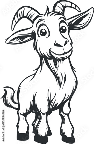 Black and white cartoon illustration of a cute young goat with big eyes and horns standing confidently