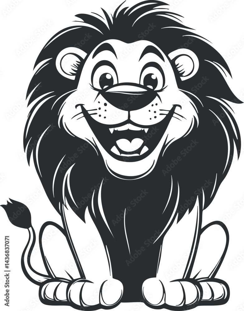 Fototapeta premium Black and white cartoon illustration of a happy smiling lion sitting with a large mane