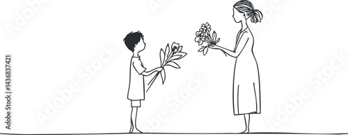 Black and white line drawing of a child giving flowers to a woman, symbolizing affection and care.
