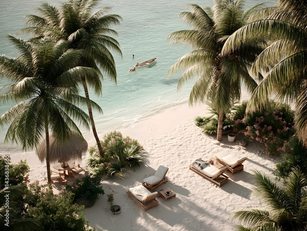 Fototapeta premium Serene tropical beach scene with palm trees, lounge chairs, and a tranquil ocean view perfect for a relaxing vacation getaway.
