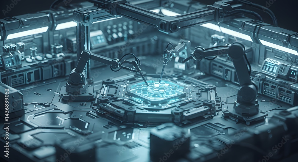 Fototapeta premium High tech robotic assembly line for microchips and computer processors futuristic factory setting